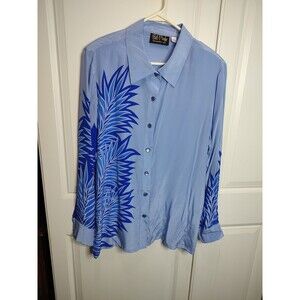 Vtg 100% Silk Blue Bob Mackie Wearable Art Funky Button Up Blouse Sz 1X